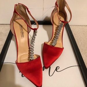 Badgley Mischka red satin and rhinestone heels